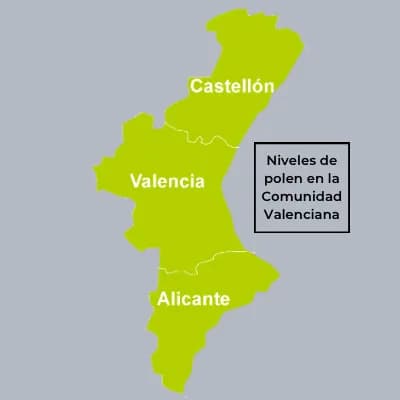 Mapa de la Comunitat Valenciana con los niveles de polen en Castelló, València y Alacant